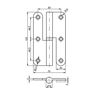 ZAWIAS ROZŁĄCZNY ZAOKRĄGLONY 120x70mm PRAWY MOSIĄDZ LAKIEROWANY