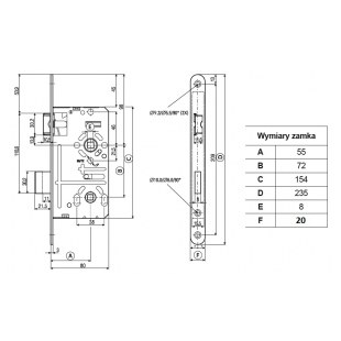 ZAMEK WPUSZCZANY 72WC, E=55mm, 235x20x3mm, MOSIĄDZ LAKIEROWANY